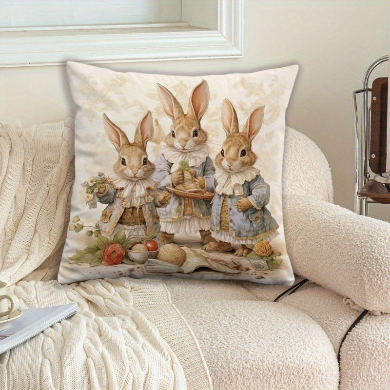 1pc Easter-themed pillowcase featuring a rabbit family print, perfect for farmhouse-style home decor. Soft, comfortable, and suitable for use in the living room, on the sofa, or anywhere in the room. Pillow core not included.