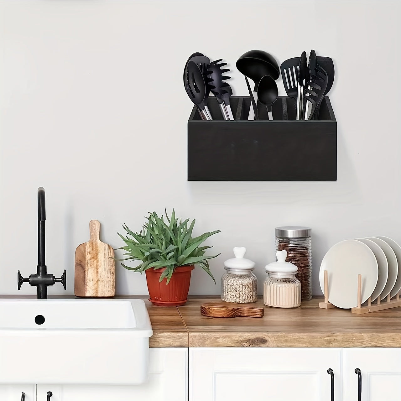 Farmhouse Style Wooden Tableware Rack with 2 Layers of Tableware Boxes - Ideal for Organizing and Storing Kitchen Items - Finished in Black