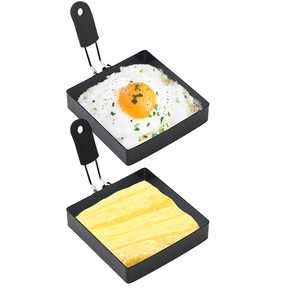 Two pieces of 10.16cm square egg and pancake rings made of non-stick stainless steel, ideal for cooking omelets, muffins, and breakfast sandwiches.