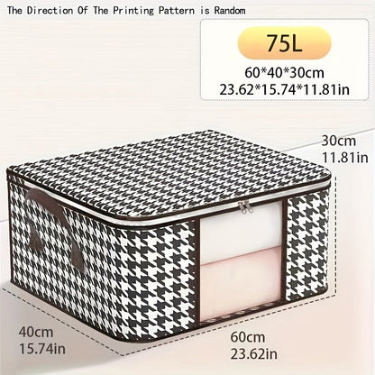 A durable canvas houndstooth storage bag with a zippered closure and handles, perfect for quilts, clothes, and linens. Lightweight and portable, this organizer is ideal for keeping your wardrobe, bedroom, or dorm neat and tidy. Its modern aesthetic adds