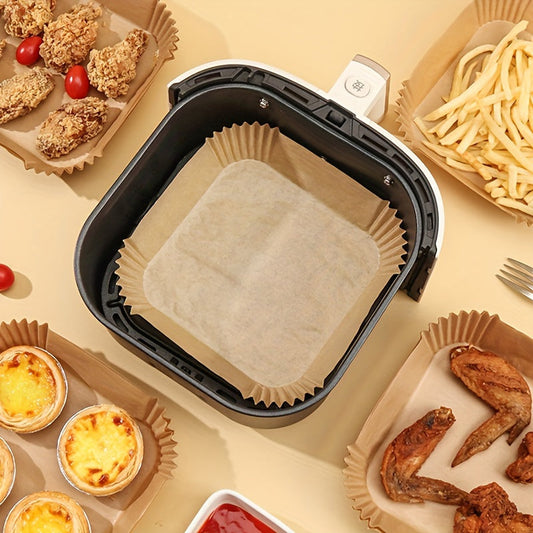 50 to 100 pieces of disposable air fryer liners in sizes 16.0cm and 19.99cm for the bottom of your air fryer. These square paper liners are perfect for air fryer pots, basket bowls, baking trays, and oven accessories. They are essential baking tools and