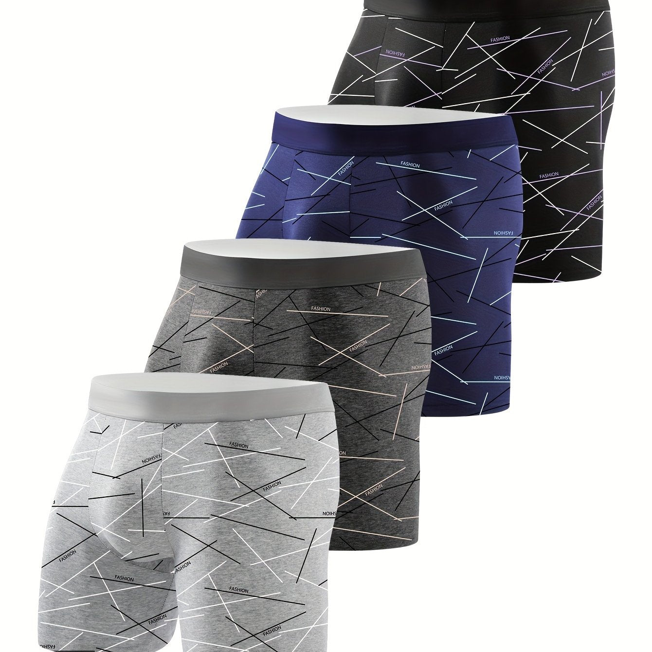 Men's 4-pack of underwear and sports pants with printed and lined designs, includes four-corner shorts and long straight-leg pants that are comfortable, skin-friendly, and breathable.