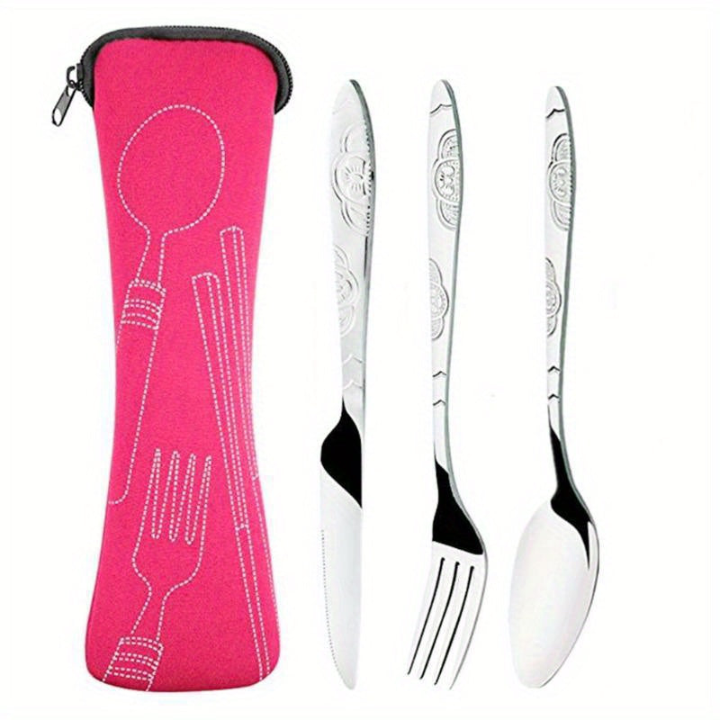 3-piece stainless steel camping cutlery set with portable bag