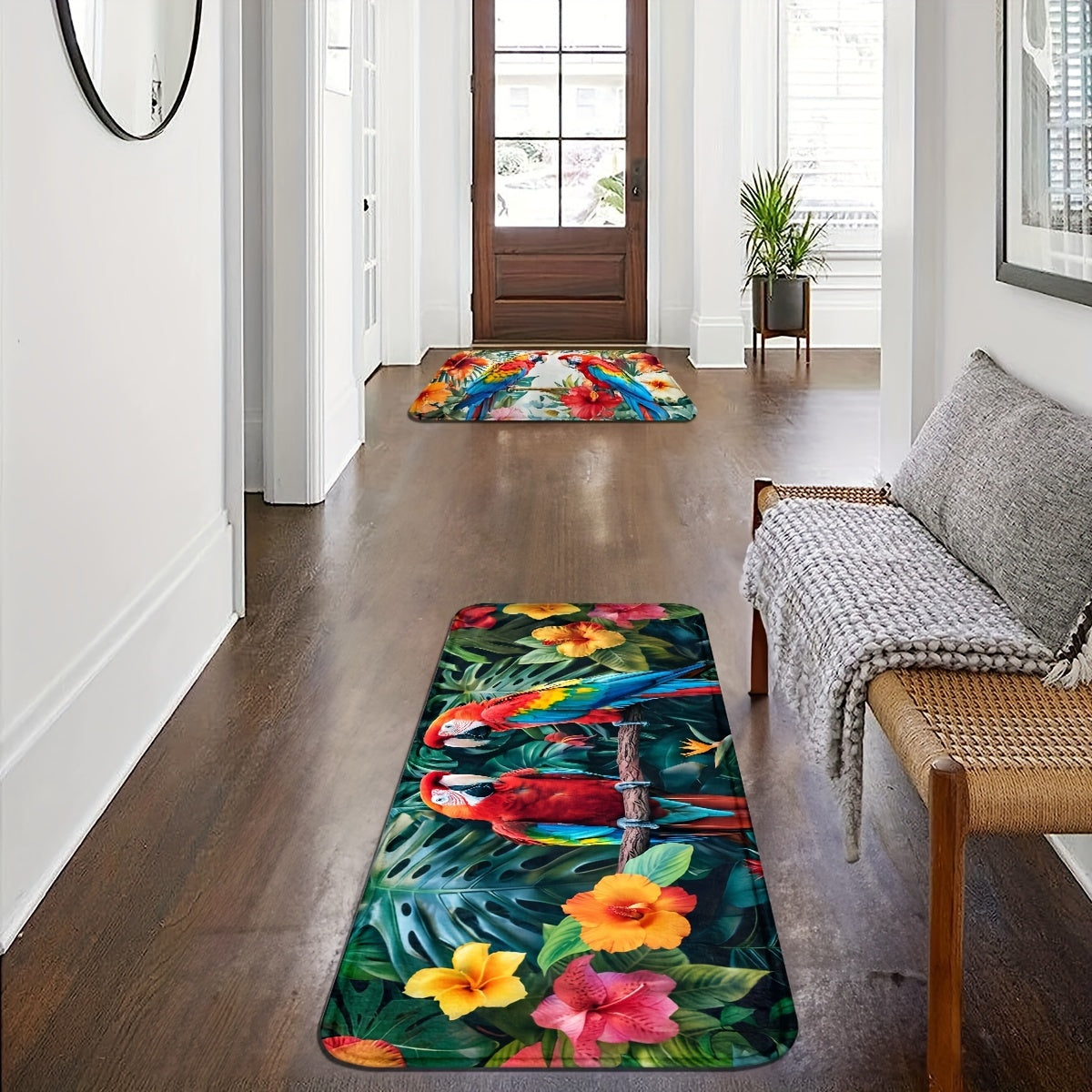 Indoor Entrance Mat for Entryway with Parrot Design, Non-Slip and Machine Washable Polyester - Knitted Fabric, Front Door Mat