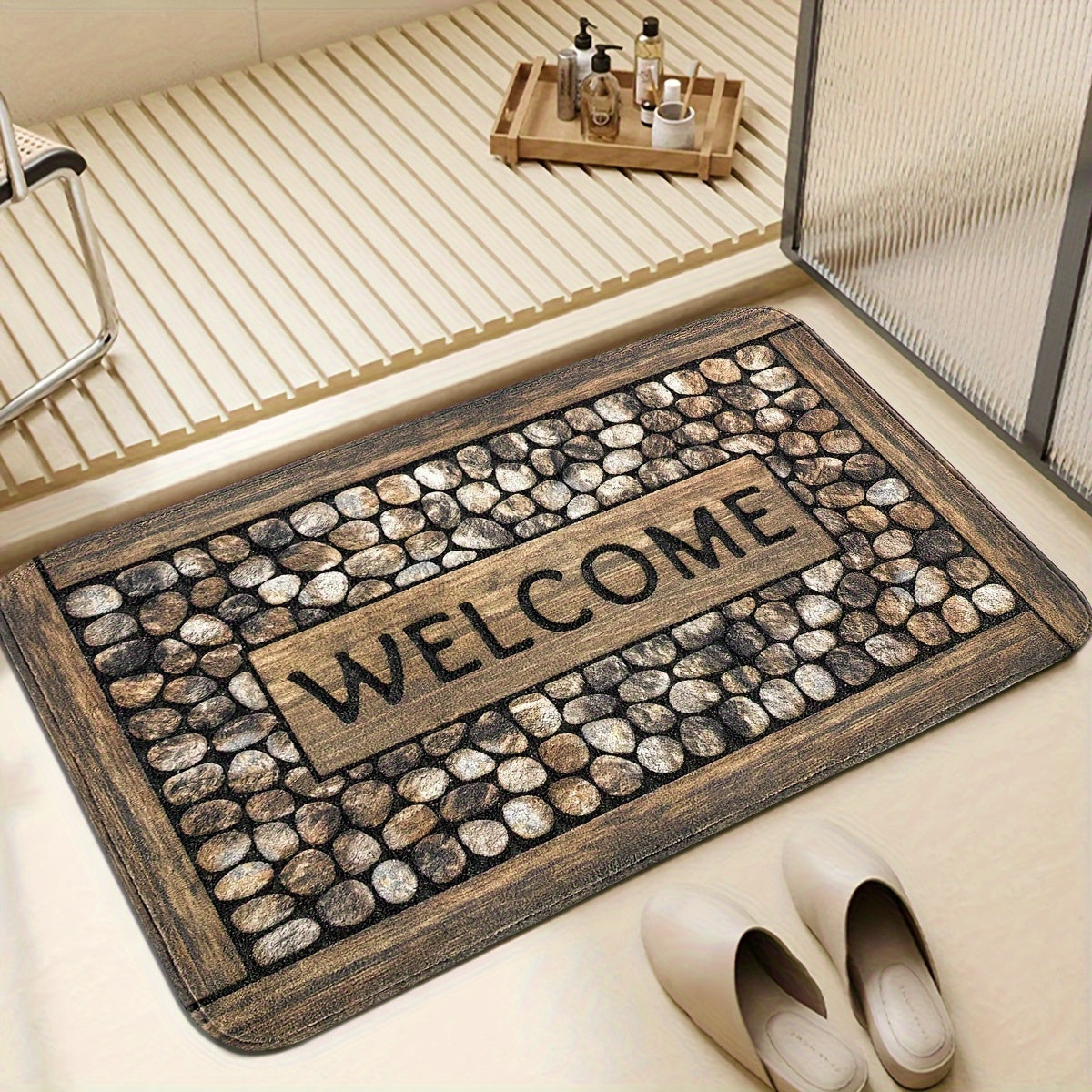 Give a warm welcome with our Stone Pattern Door Mat - Tough, Spill-Resistant & Easy to Clean Rug for Entryway, Bedroom, Living Room, Kitchen, Bathroom - Ideal Holiday Gift for Home Decor