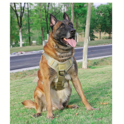 Tactical dog harness with handle and reflective vest, adjustable for no-pull training.