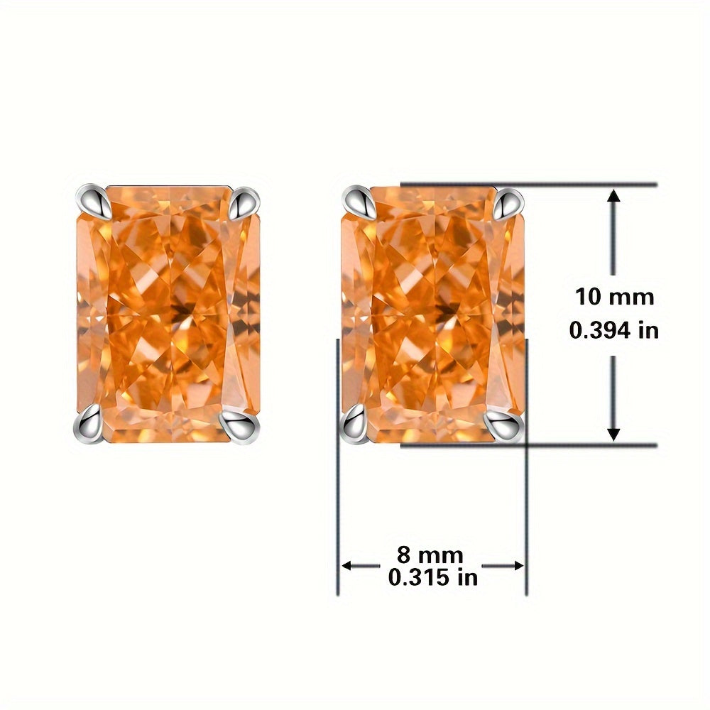 Stunning Ice-Cut Morganite Orange Rectangular 8*10mm S925 Silver Stud Earrings with Simplistic Four-Claw Setting, featuring Synthetic Zircon stones. This custom jewelry piece exudes classic style, making it a chic wedding accessory or the perfect