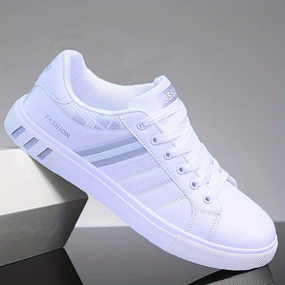 Men's fashion skate shoes with striped canvas design, PU upper, fabric lining, rubber sole, EVA insole, low top lace-up style, and round toe.