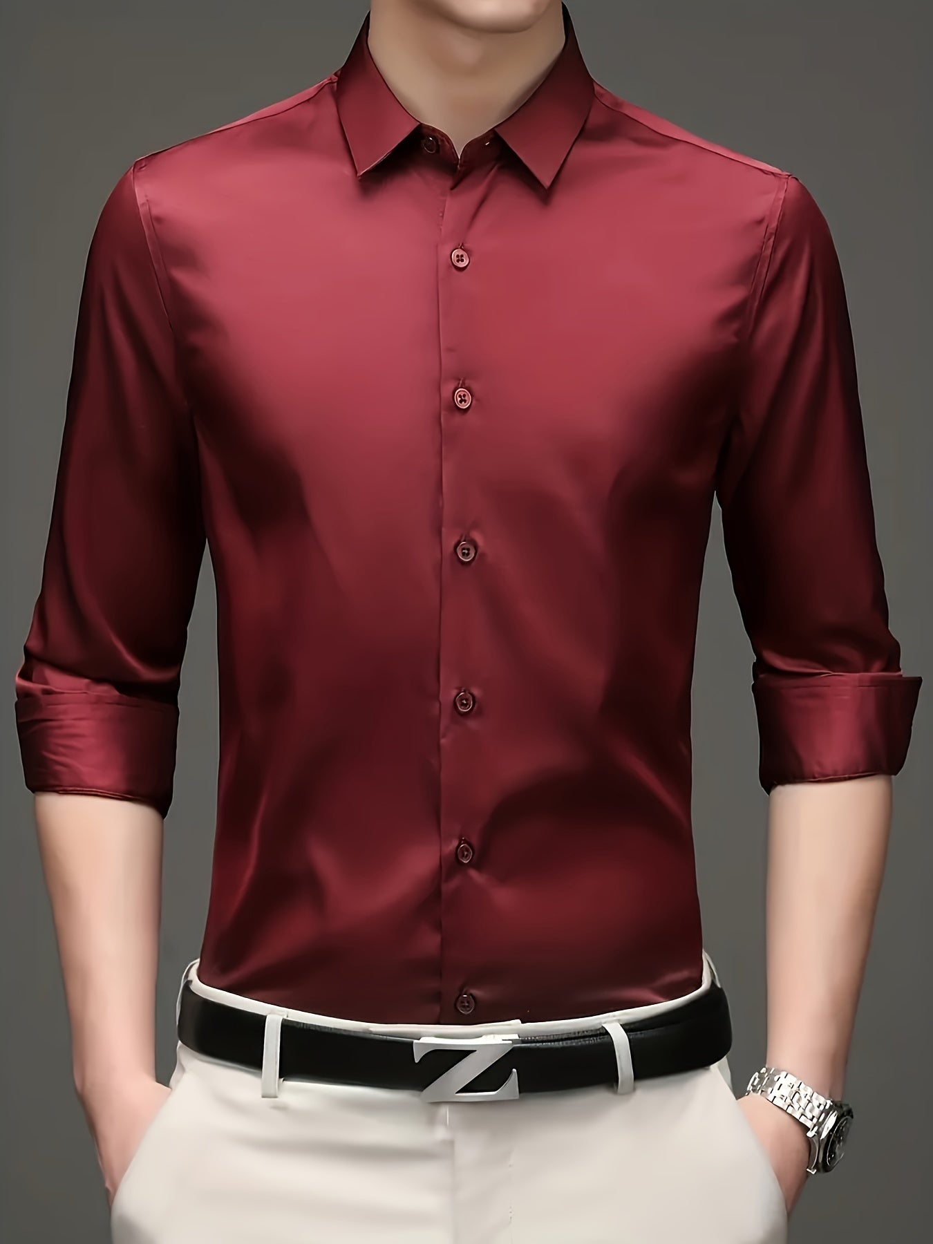 3 men's dress shirts with solid color and lapel collar, suitable for formal occasions.