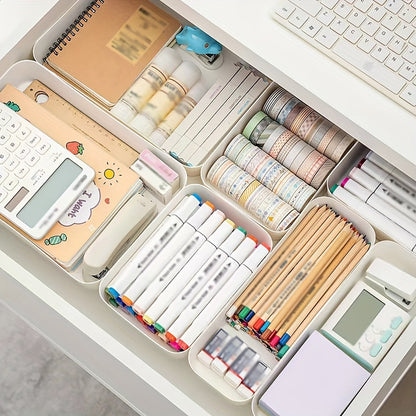 Single simple desk drawer organizer with classification separator, stackable stationery box for home office supplies.