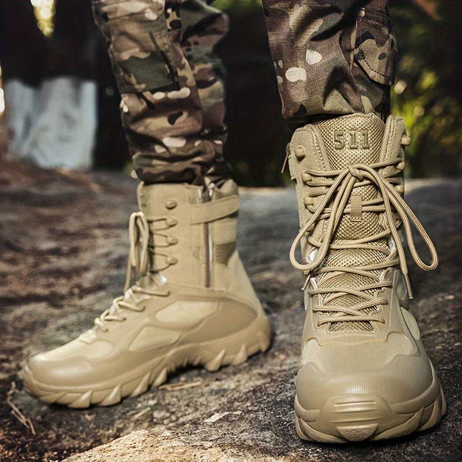 High-top tactical boots for men in beige stripe pattern, featuring a comfortable lace-up design with a non-slip EVA sole. Durable and versatile for outdoor adventures and casual wear