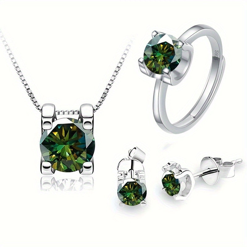 Complete 925 Sterling Silver Moissanite Jewelry Set featuring 1 pair of Earrings, 1 Necklace, and 1 Ring adorned with a 1ct Moissanite stone. High quality pieces ideal for Engagement or Wedding, a perfect Christmas gift complete with Certificate and Box.