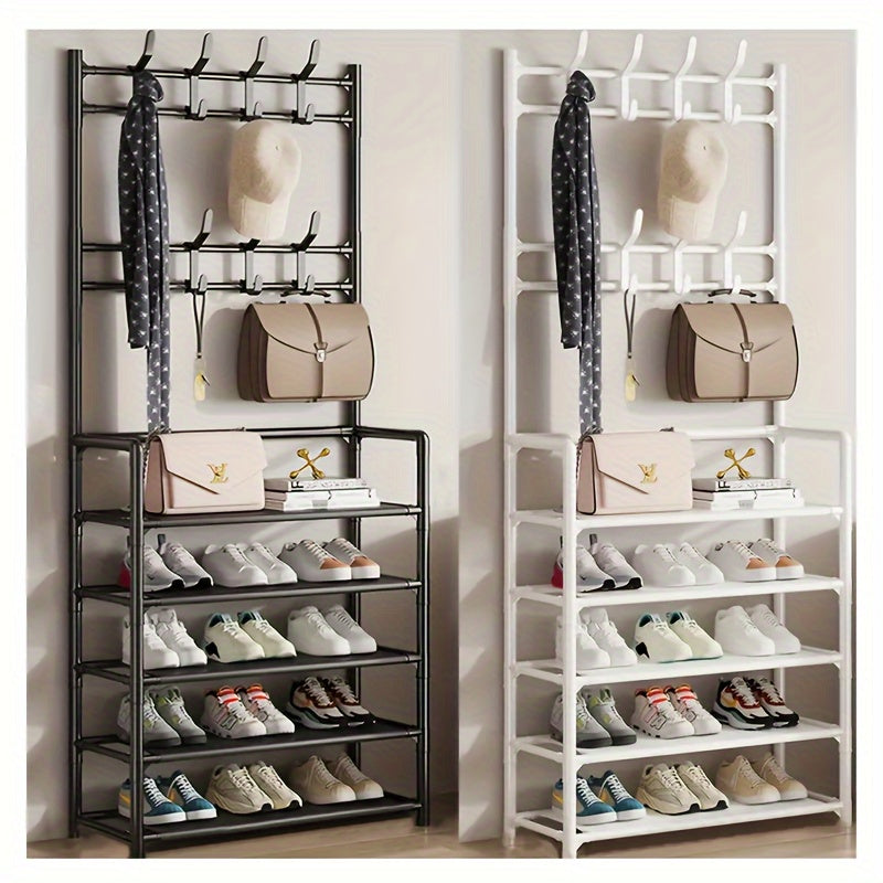 4-5 Tier Metal Shoe Rack with 8 Hooks - Stainless Steel, Multi-Functional Organizer for Home, Dorm, and Rental Spaces