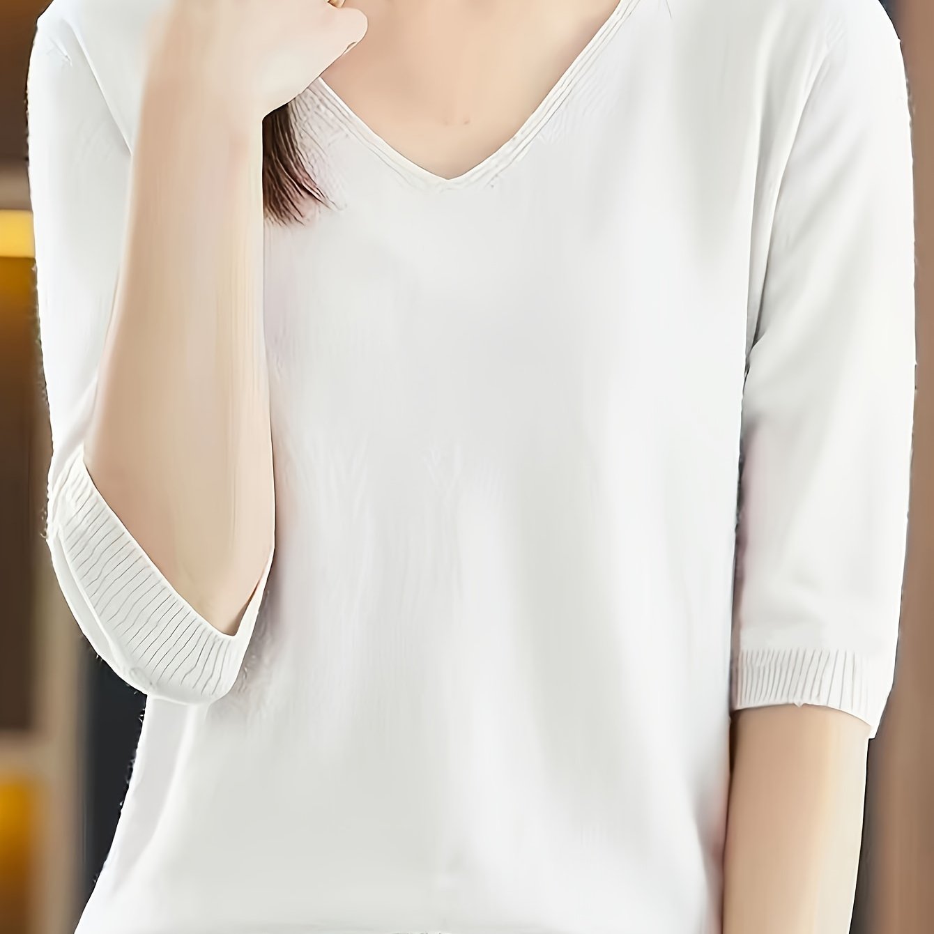 V-neck sweater in solid color, versatile half sleeve knit top for spring/fall, women's clothing.