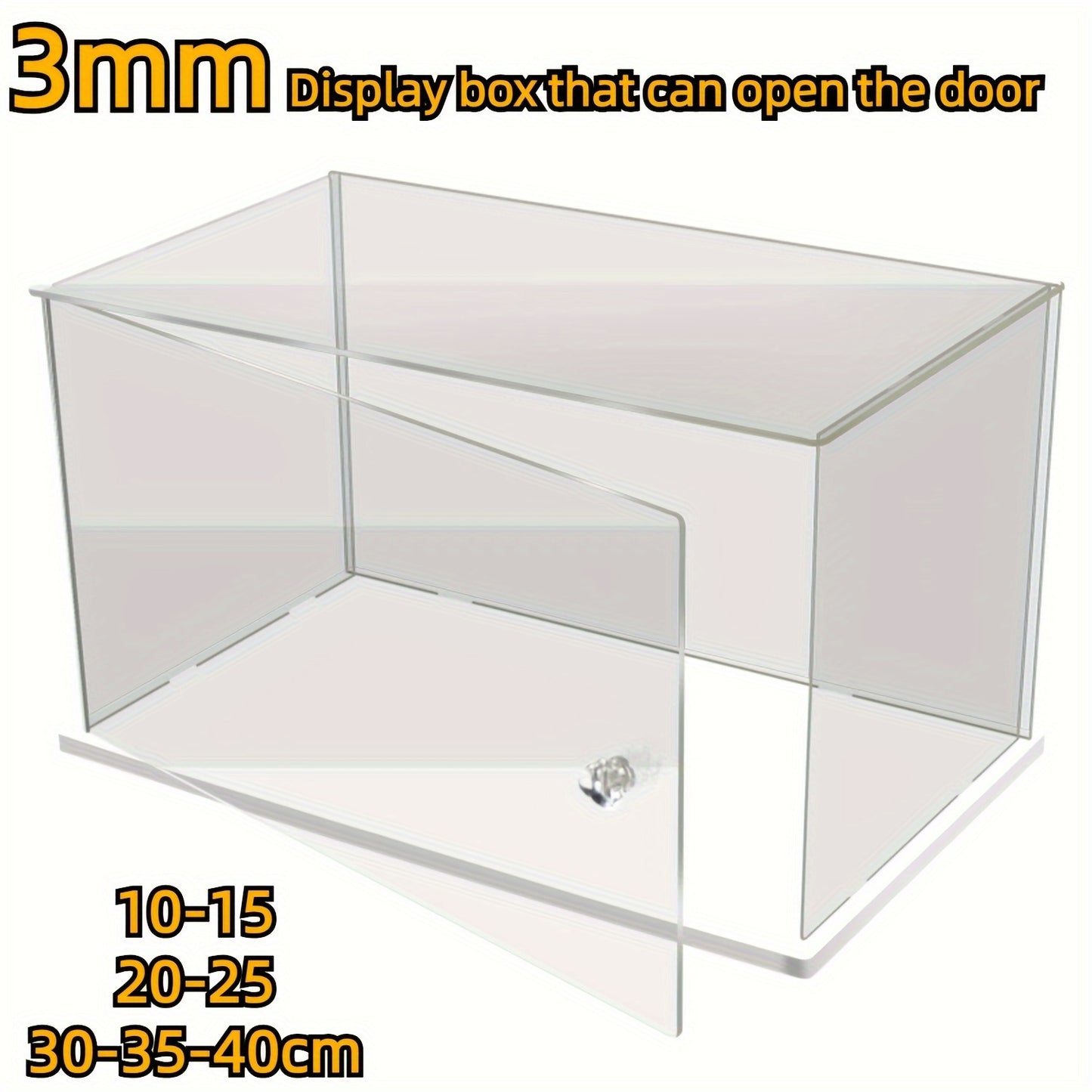 Transparent acrylic display box with opening door, ideal for collectibles and toys. Versatile home storage solution, measures 10-15" H x 20-25" W x 30-40cm D.