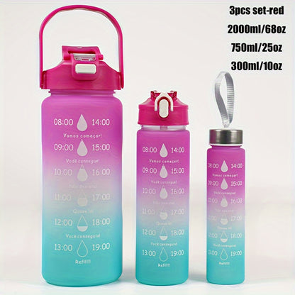 Set of 3 sports water bottles with time marker, leakproof design, and one-click open lid. Great for fitness and outdoor activities.