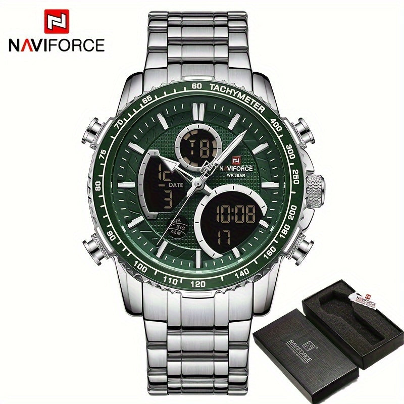 NAVIFORCE Men's Stainless Steel Wristwatch with Night Vision, Multiple Dials, Date Display - Durable and Stylish Timepiece for Outdoor Activities.