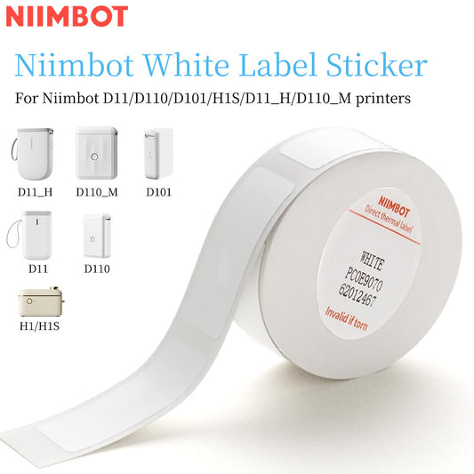 NIIMBOT Thermal Label Sticker Roll is white, waterproof, and oil-proof. Compatible with D11/D101/H1 Series Printers, it features strong adhesive, no ink needed. Ideal for home and