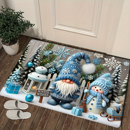 This Blue Flannel Christmas Gnome Door Mat is 1 piece and measures 1.2cm thick. It is non-slip and stain-resistant, making it perfect for adding a cozy touch to your winter home decor in the living room, bedroom, bathroom, or kitchen.