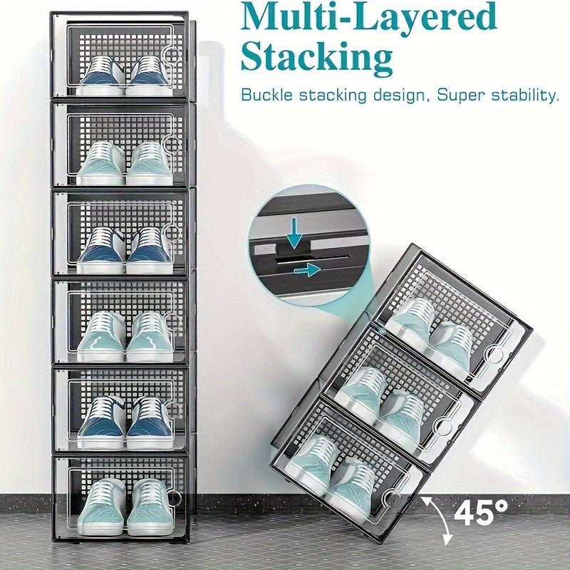 Transparent Stackable and Foldable Shoe Storage Box with Lid - A Space-Saving Organizer for Home, Dorm, or Bedroom - Perfect for Sports Shoes in White or Black.