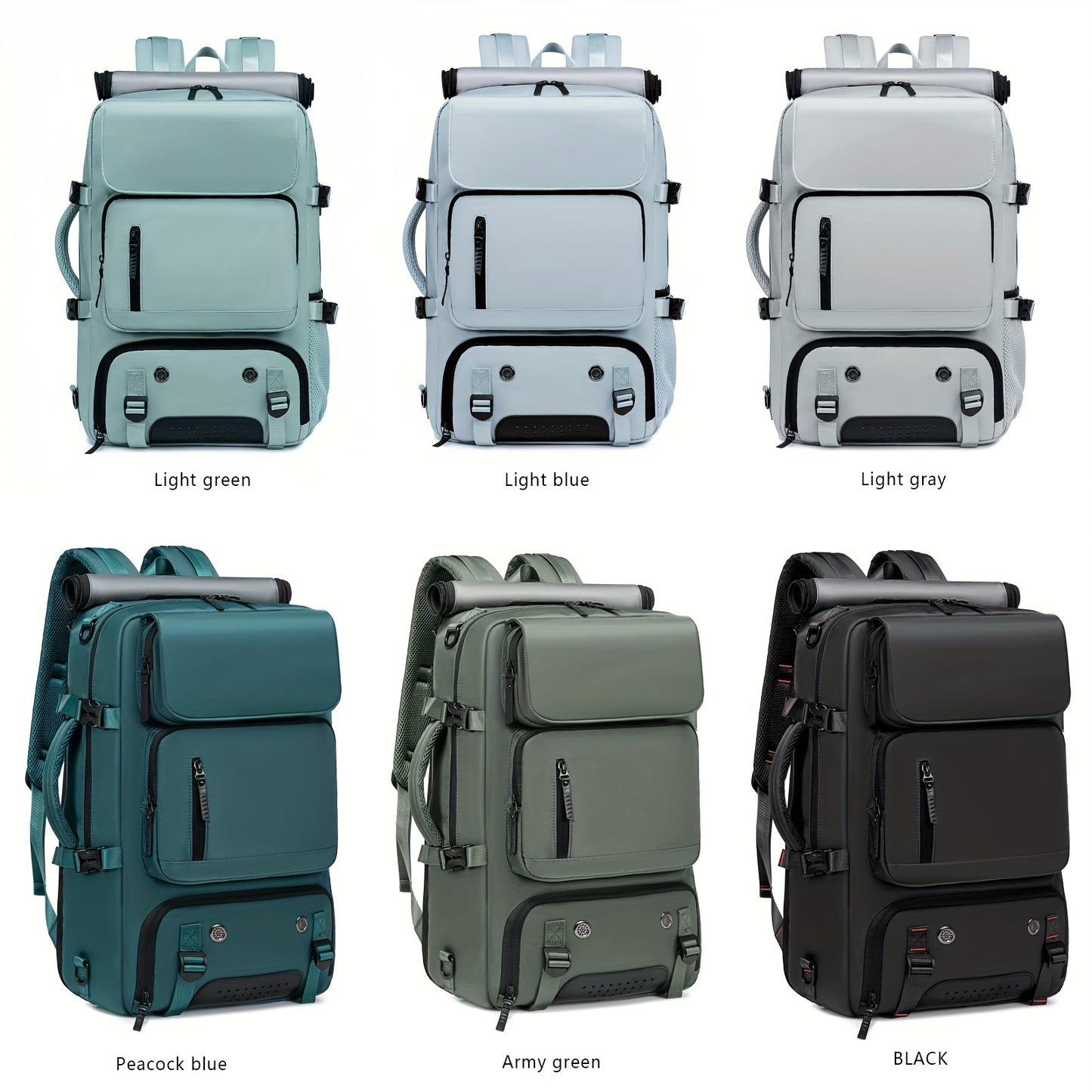 Waterproof backpack with USB port, trolley sleeve, shoe grid for outdoor activities.