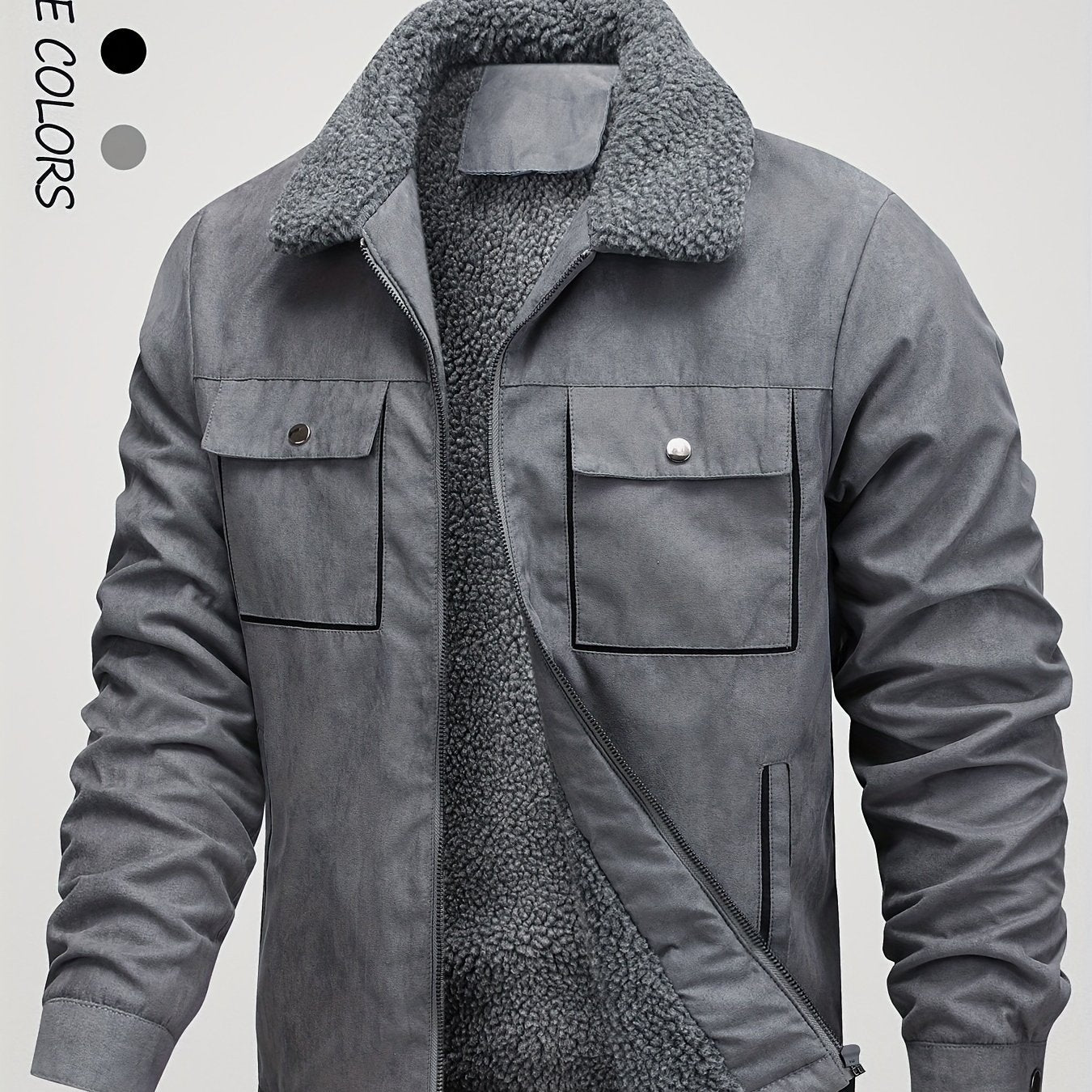 Men's Winter Fleece-Lined Warm Jacket - Brown, Zip-Up Closure, Pockets, Turn- Collar - Outdoor Coat