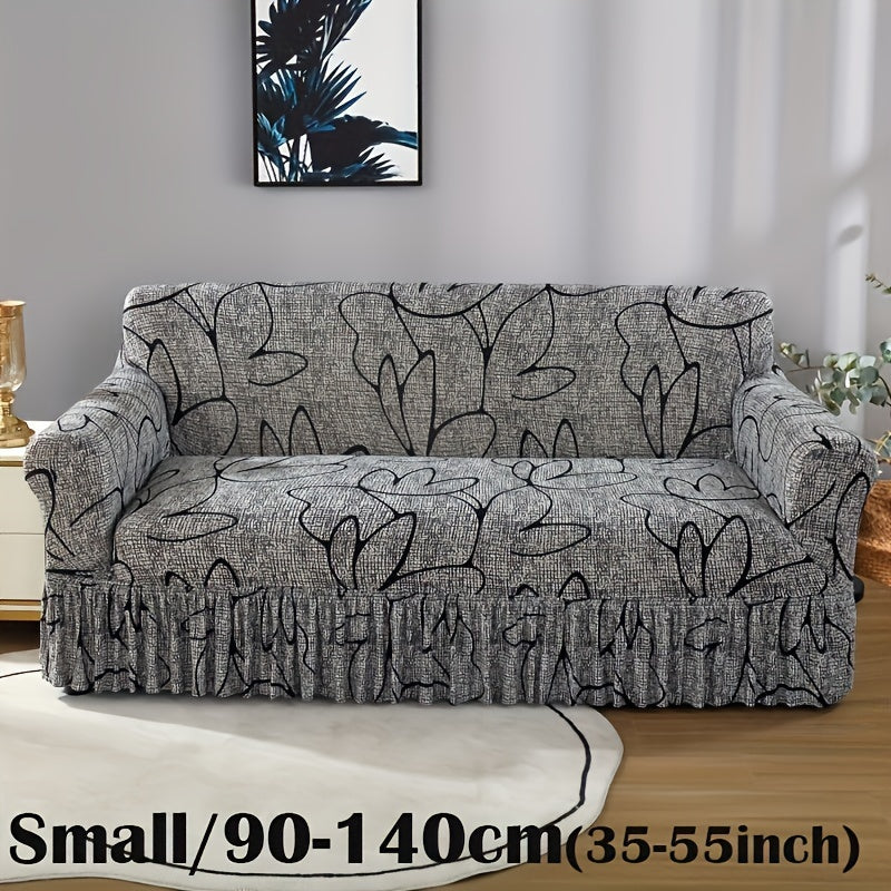 Grey Bohemian style sofa cover with skirt, machine washable, suitable for all-season use. Made of polyester spandex fabric, ideal for living room, bedroom, or office decor.