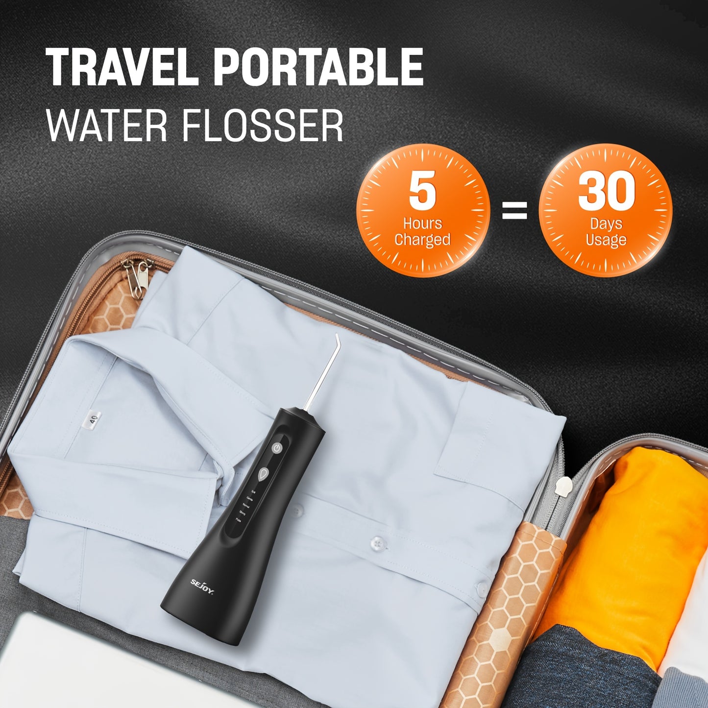 Cordless water dental flosser for teeth cleaning, with 5 modes and 5 tips. Suitable for home and travel.