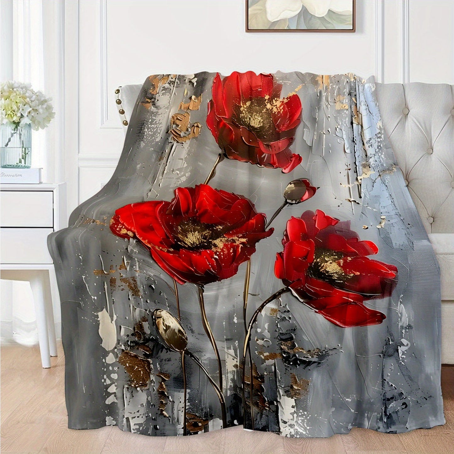 Soft and comfortable, this contemporary throw blanket features a red poppy pattern that is perfect for adding style and warmth to your home sofa, bed, or even for picnics and travel. Made from durable polyester material, this blanket is ideal for