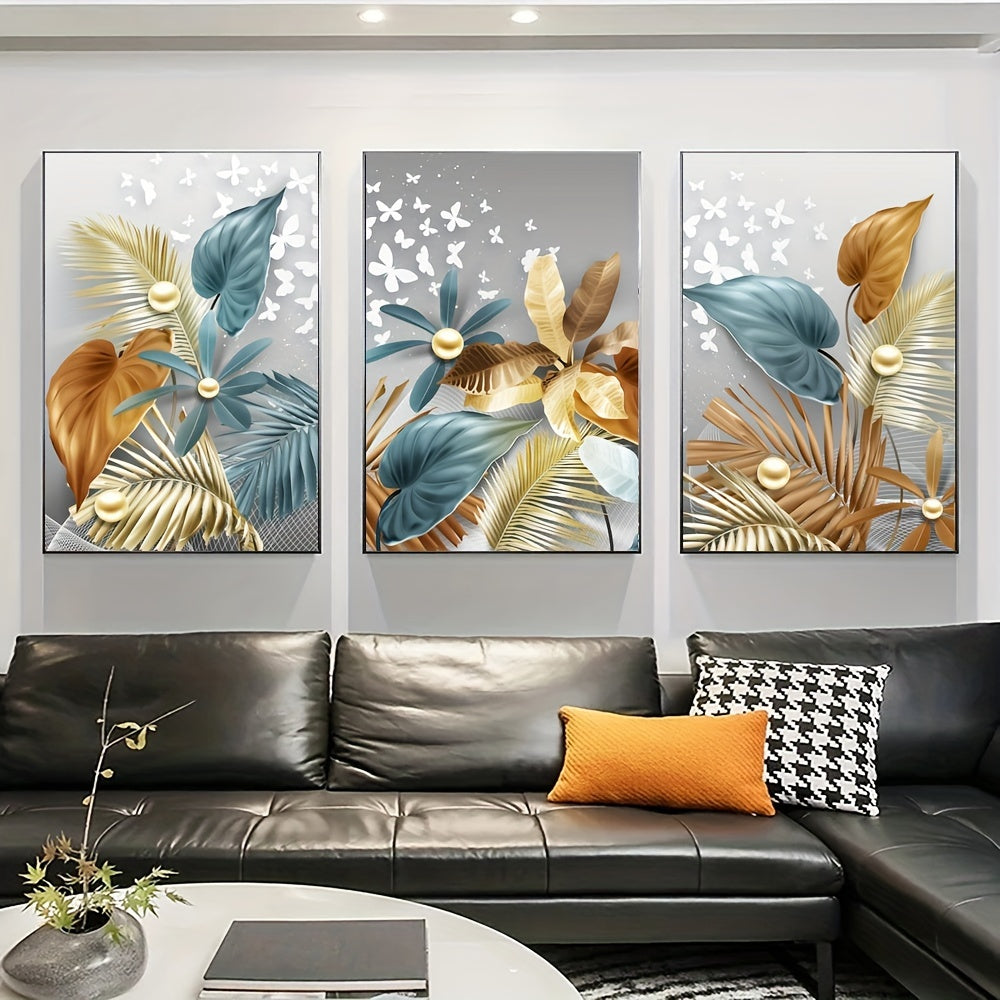 Luxury canvas print posters set of 3 featuring flower and leaf artwork for various rooms, no frames included.