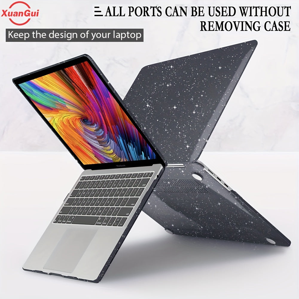 Glitter star protective case for various MacBook models, waterproof hard shell with non-slip foot pad, scratch and dust resistant.