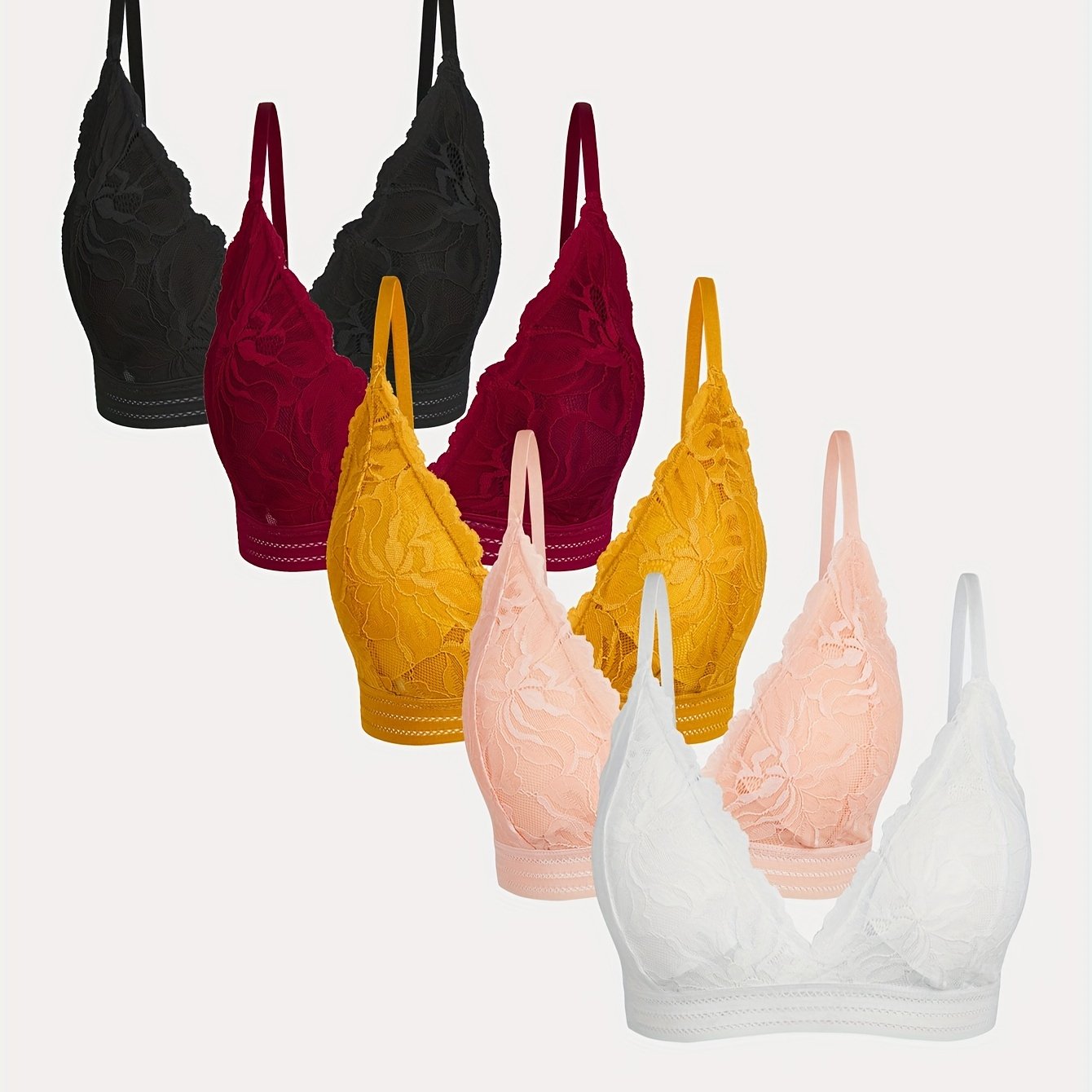 5 Lace-Trimmed wireless bras for women made of comfortable nylon blend. Full coverage with removable pads, non-see-through. Available in black, maroon, yellow, white, and pink. Elegant and