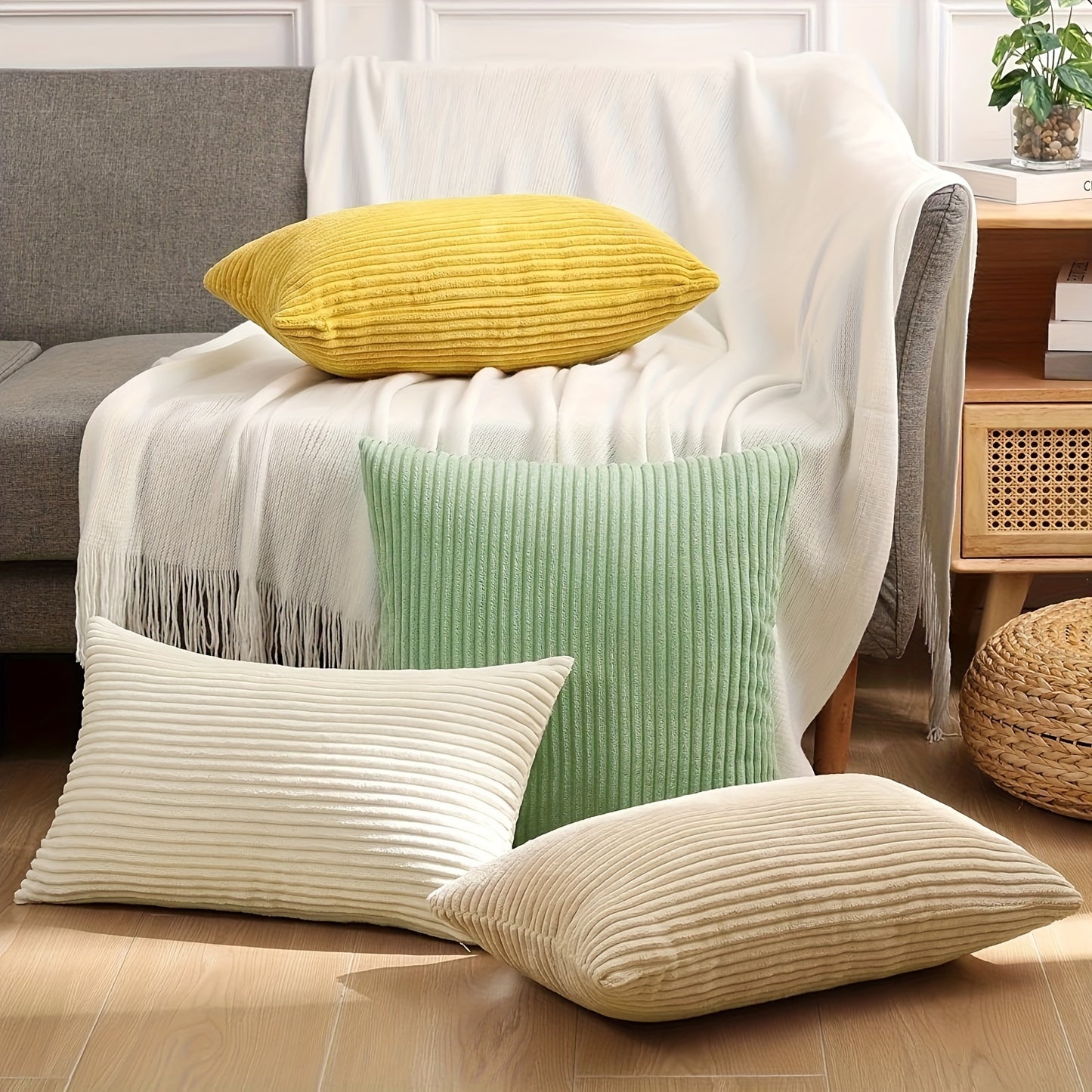 Stylish soft corduroy throw pillow covers in a striped square pattern for living room, bedroom, or sofa decor. Features double-sided printing and fits 45.72cm pillows. Set of 2, pillow inserts not included.