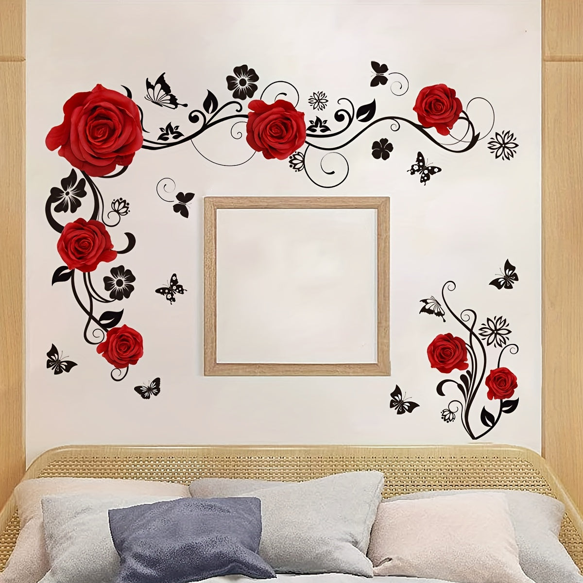 Contemporary Butterfly Rose Vine Wall Decal, Reusable Self-Adhesive Sticker for Living Room Bedroom Decor, Easy to Apply and Remove