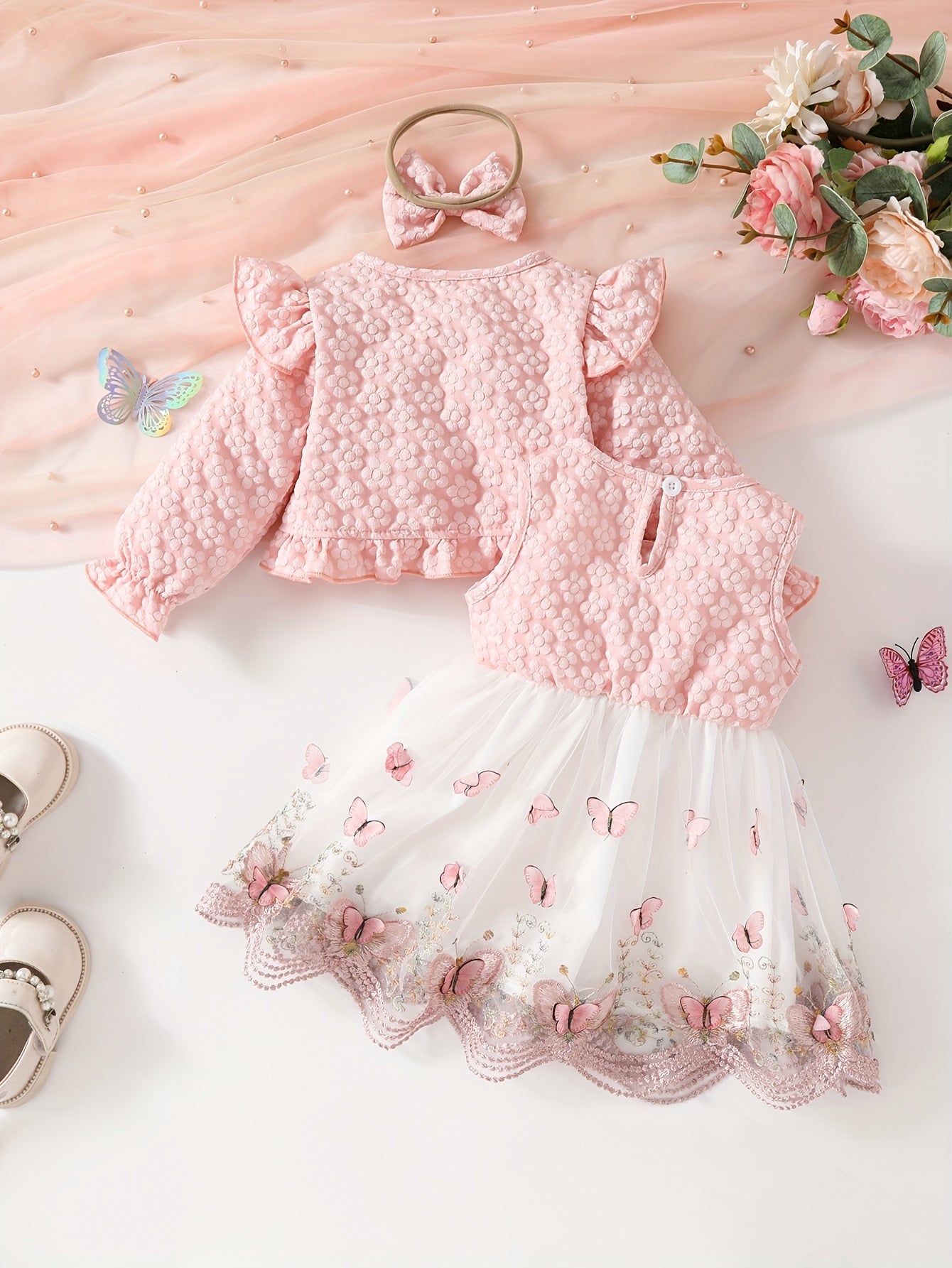 Girls' casual butterfly pattern long sleeve crop top with bow headband, tulle dress set, non-stretch fabric, regular fit, pullover style for fall/winter, ideal for outdoor wear.