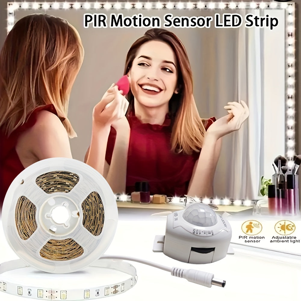 1 Roll LED light strip with body sensor, 99.97cm to 5.0m long, ideal for various spaces like stairs, corridors, mirrors, cabinets, and bedrooms.