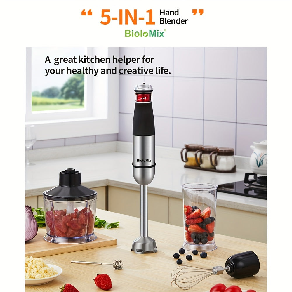 BioloMix 5-in-1 Immersion Hand Blender Set with 1200W motor, includes food processor, chopper, meat grinder, whisk, and milk frother. Comes with 600ml measuring cup, 800ml chopping bowl