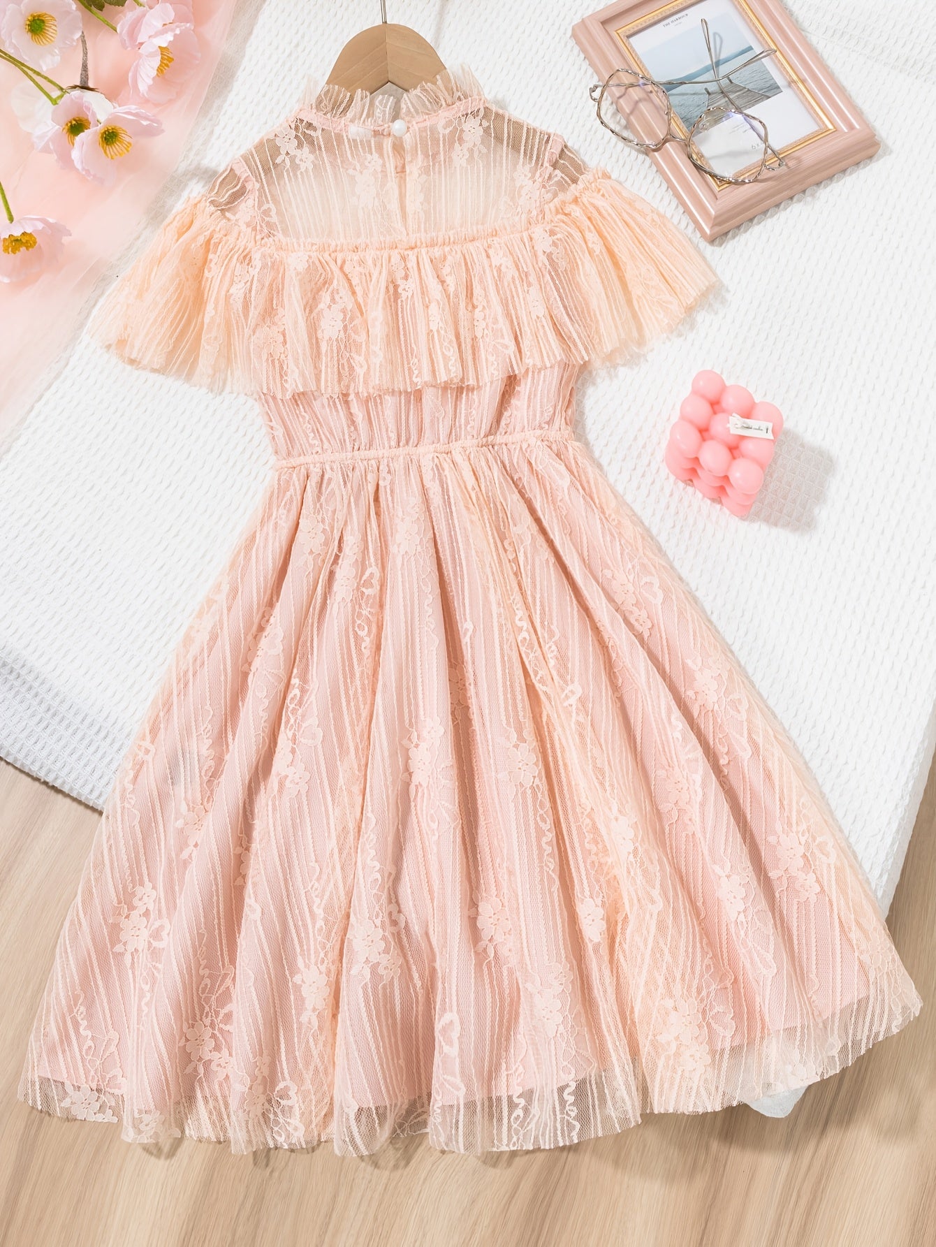 Girls' Elegant Summer Dress, Korean Fashion, 100% Polyester with Lace Detail, Solid Color, Princess Gown with Slight Stretch, Skinny Fit for Children