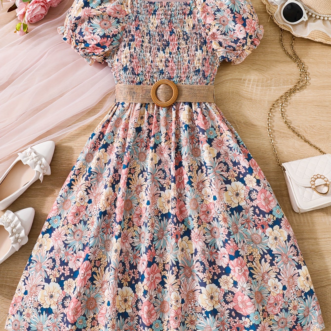 Adorable summer dress for girls with floral print, puff sleeves, and belt - made of lightweight polyester, machine washable - ideal for beach getaways