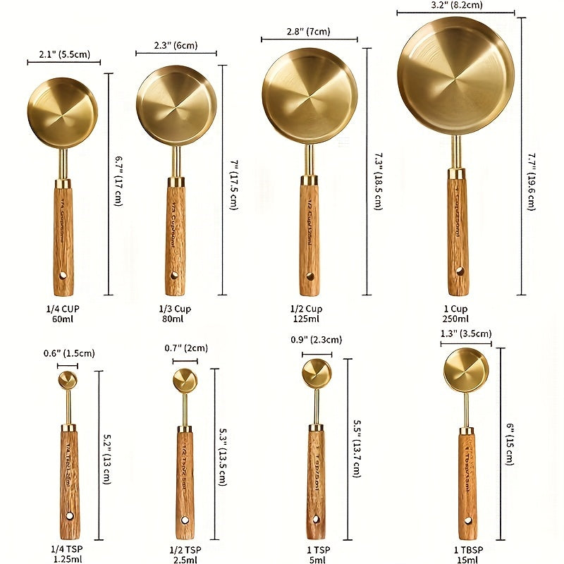 8 piece stainless steel measuring cups and spoons set with durable acacia wood handles, including spice and coffee scoops, nesting design for easy storage.