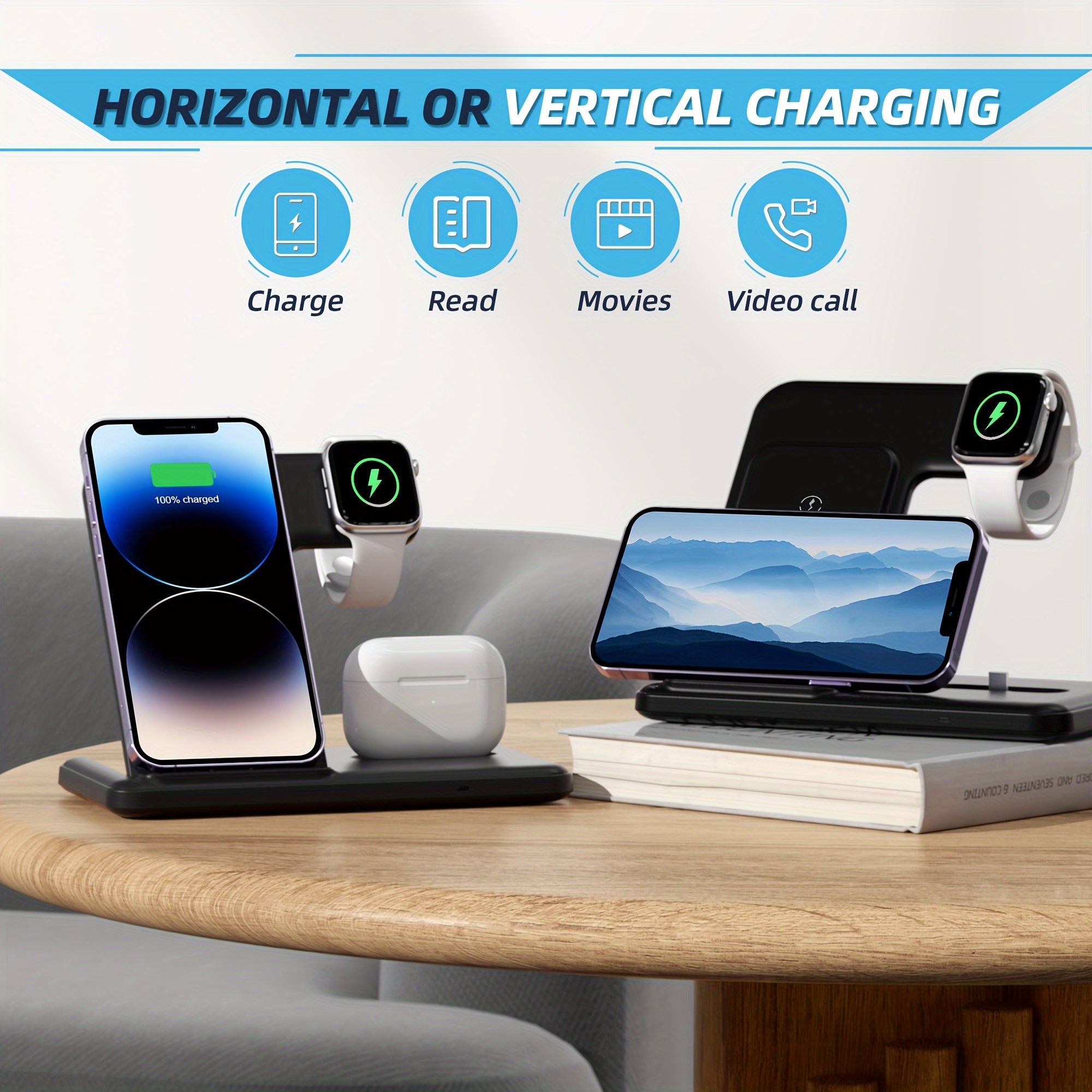 1pc LONET 3 in 1 Fast Charging Station for iPhone, iWatch, and AirPods with horizontal and vertical charging options.