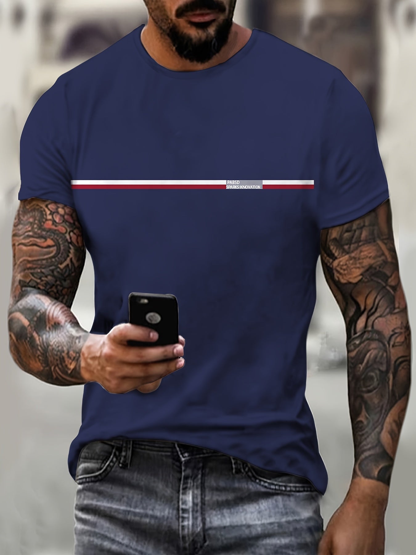 Men's navy blue striped t-shirt, perfect for casual or sports wear, in plus size.