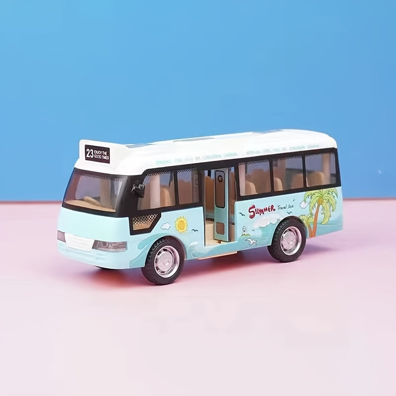 Friction-powered school bus toy with realistic sounds and flashing lights, perfect gift for youngsters. Sky blue/pink, diecast plastic.