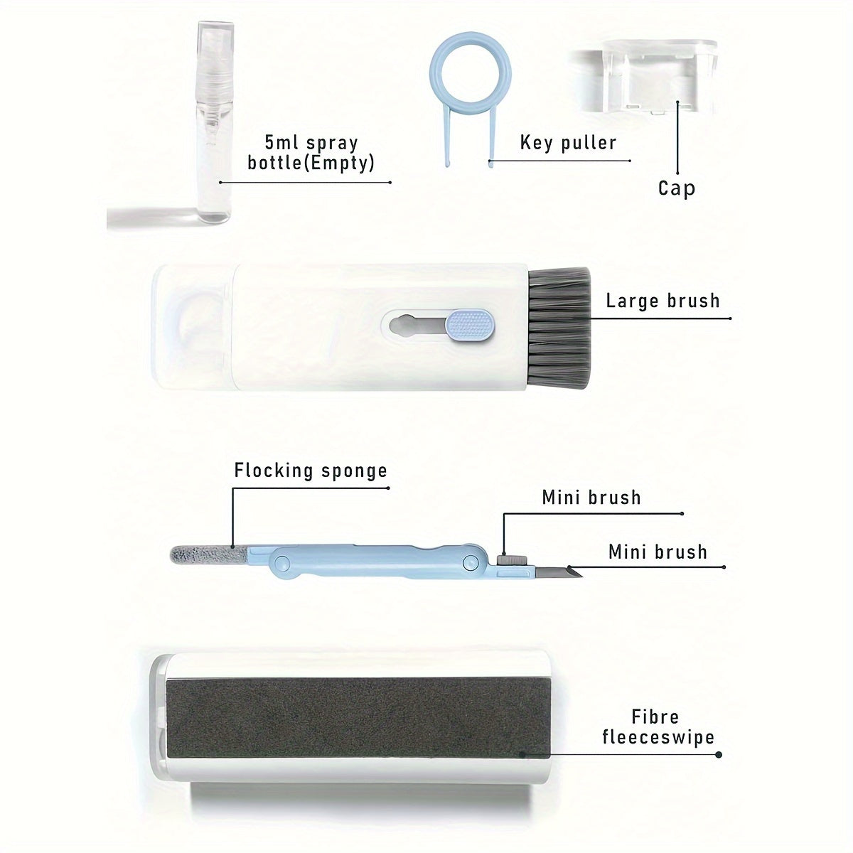 Multipurpose cleaning kit for digital devices including keyboard, laptop, earphone ports, and mobile phone. Includes soft bristle brush, spray cleaner, and microfiber tip.