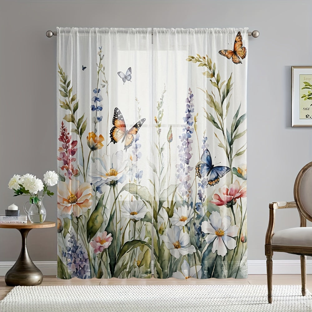 Get two stunning Vibrant Floral & Butterfly Print Sheer Curtains for your living room or bedroom. Made from high-quality polyester, these curtains are easy to hang with a rod pocket design. Their semi-transparent finish adds a touch of elegance to your