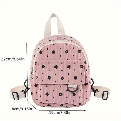 Stylish Mini Floral Backpack - Corduroy, Adjustable Straps, Zip Closure | Casual Daypack for Women