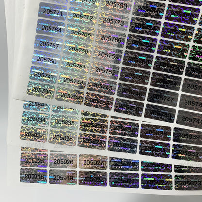 273/588 Tamper Evident Hologram Seals with Unique Serial Numbers, Genuine Labels, Adhesive PET, Rectangle, Gloss Finish, English Text, Single Use, 20x10mm