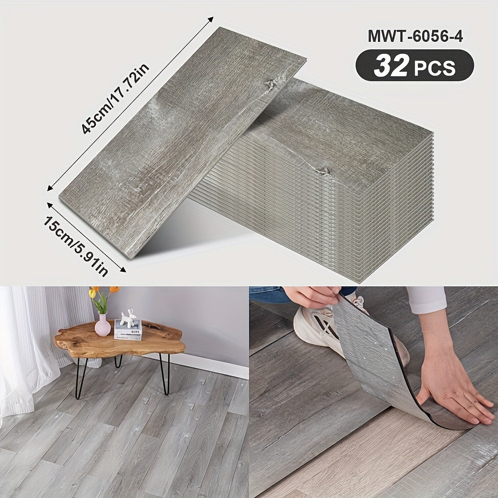 32 peel and paste floor tiles with wood grain design, 45cmx15cm, self-adhesive, waterproof, suitable for bedroom and home decor.