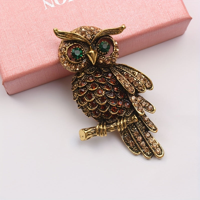 Vintage-Inspired Rhinestone Owl Brooch Pin - Edgy Punk Style Animal-Shaped Jewelry Accessory to Embellish Clothing