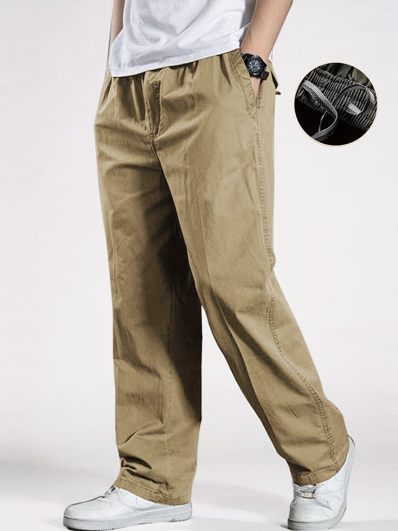 Classic Men's cargo pants with elastic drawstring waist in solid color for Spring/Fall comfort.